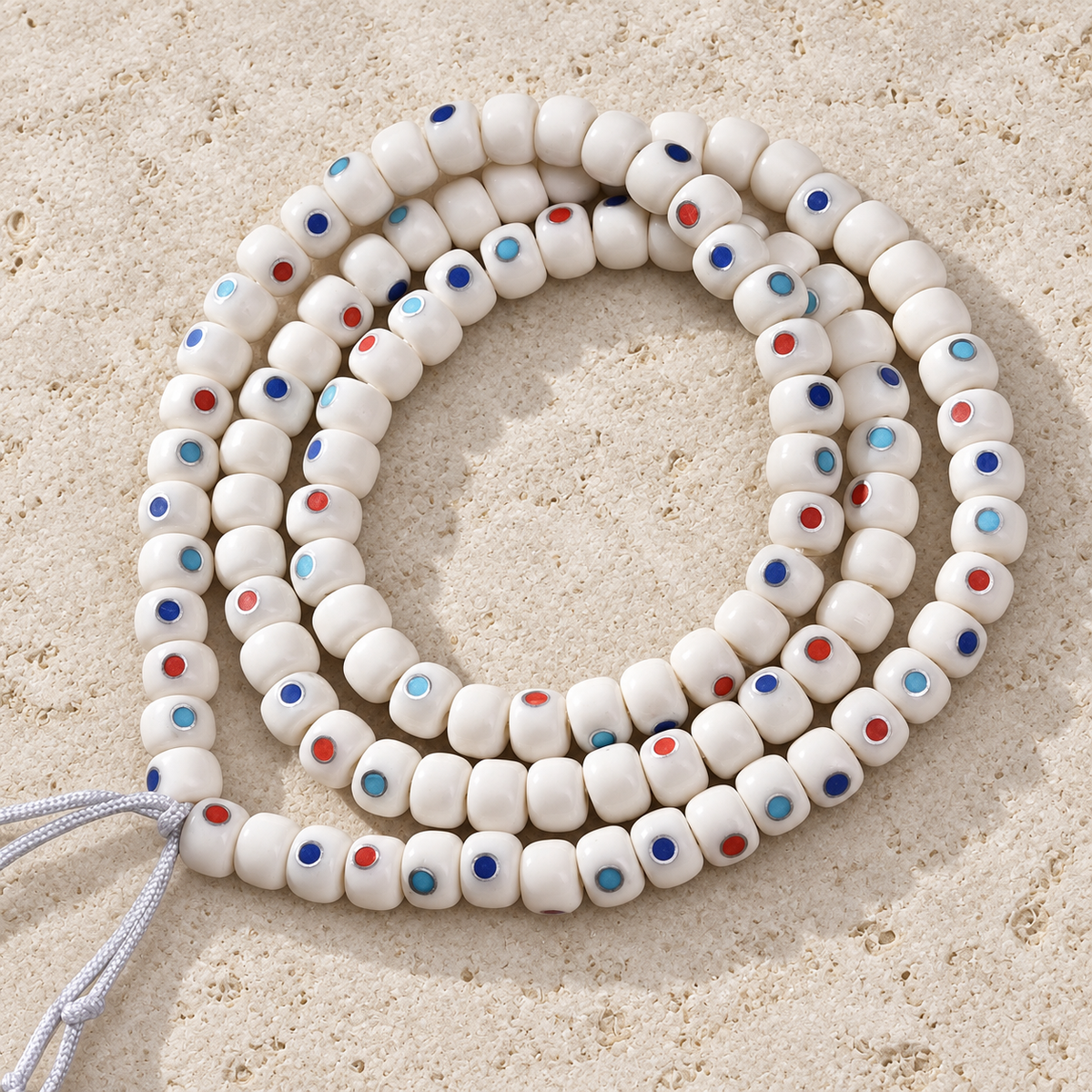 EverestArtstudios Camel Bone Inlaid Multi-Treasure or Auspicious Wan 108-Bead DIY Strand — overall display