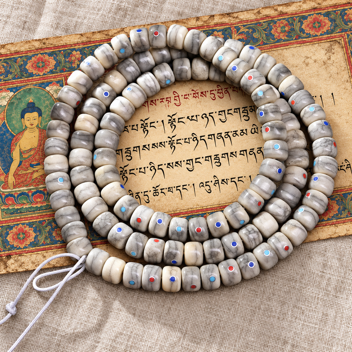 EverestArtstudios Aged Camel Bone Inlaid Multi-Treasure 108-Bead DIY Strand — full product
