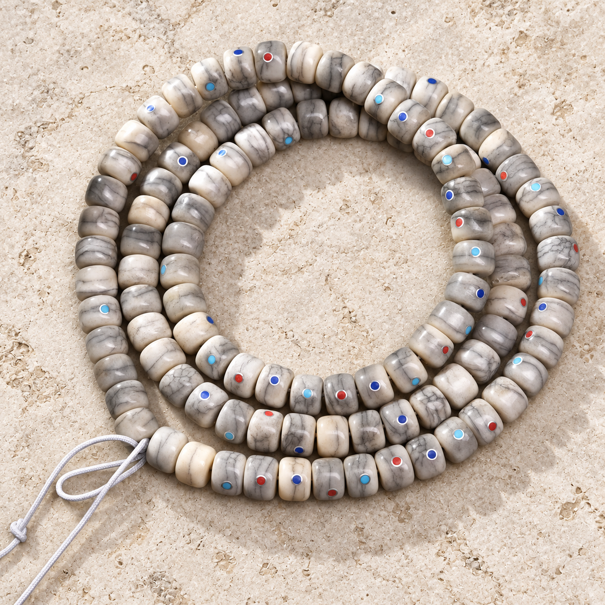 EverestArtstudios Aged Camel Bone Inlaid Multi-Treasure 108-Bead DIY Strand — overall display