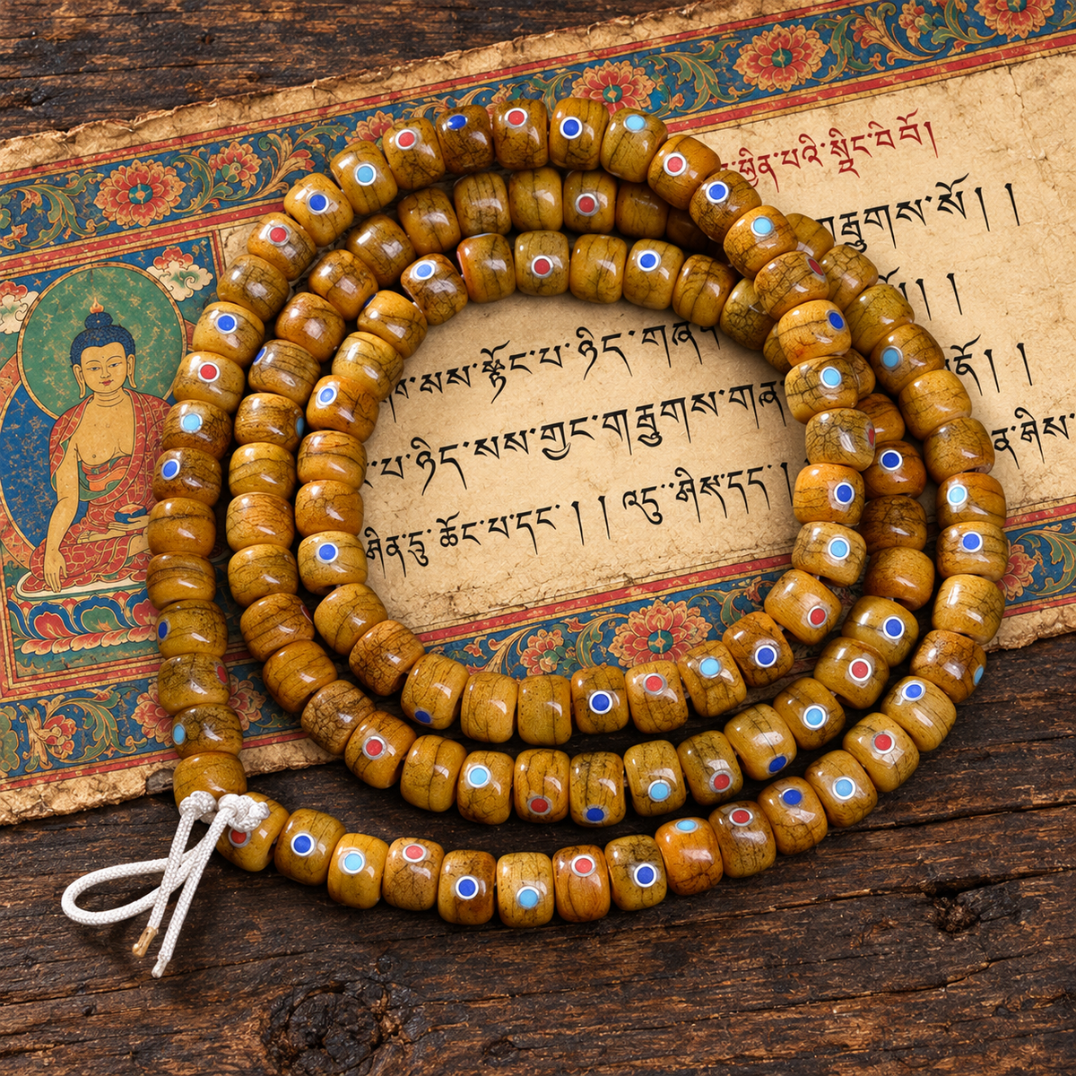 EverestArtstudios Aged Yak and Camel Bone Inlaid 108-Bead DIY Strand — full product