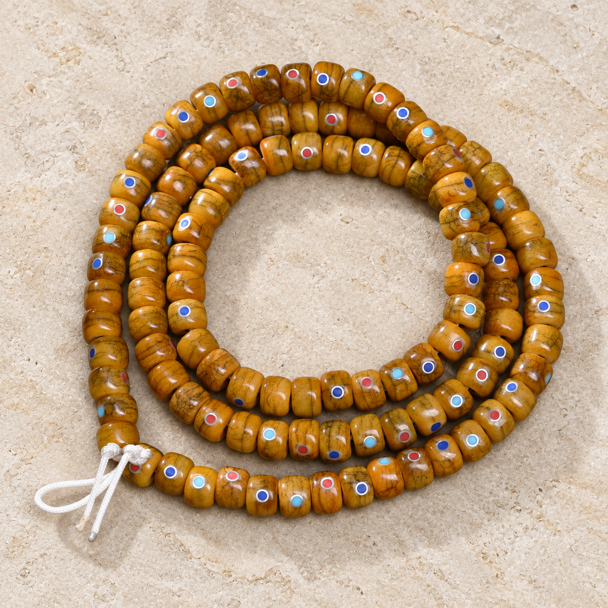 EverestArtstudios Aged Yak and Camel Bone Inlaid 108-Bead DIY Strand — overall display