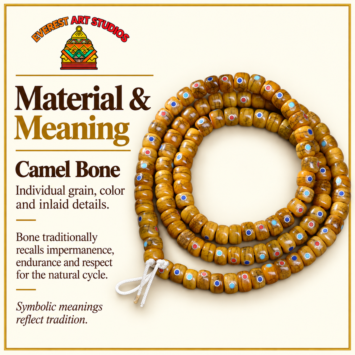 EverestArtstudios Yak-Kamelknochen-DIY-Strang, 108 Perlen – Material und traditionelle Symbolik