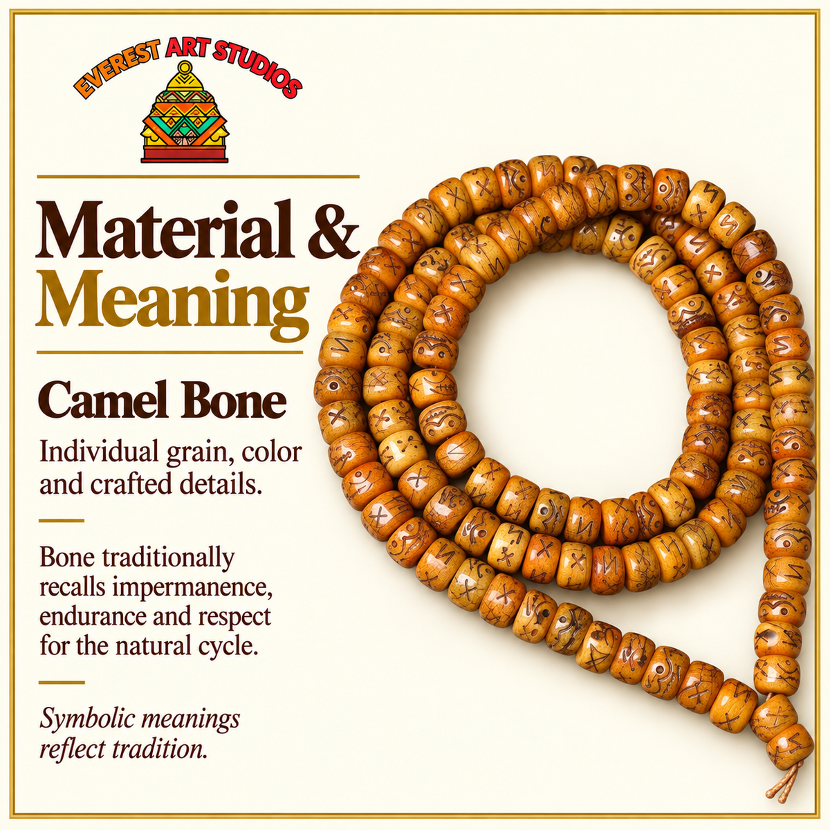 EverestArtstudios Natural Carved Camel Bone 108-Bead DIY Strand with Arhat Accent — materials meaning