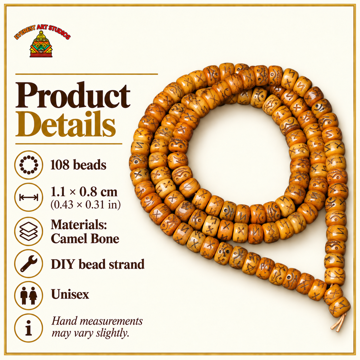 EverestArtstudios Natural Carved Camel Bone 108-Bead DIY Strand with Arhat Accent — specifications
