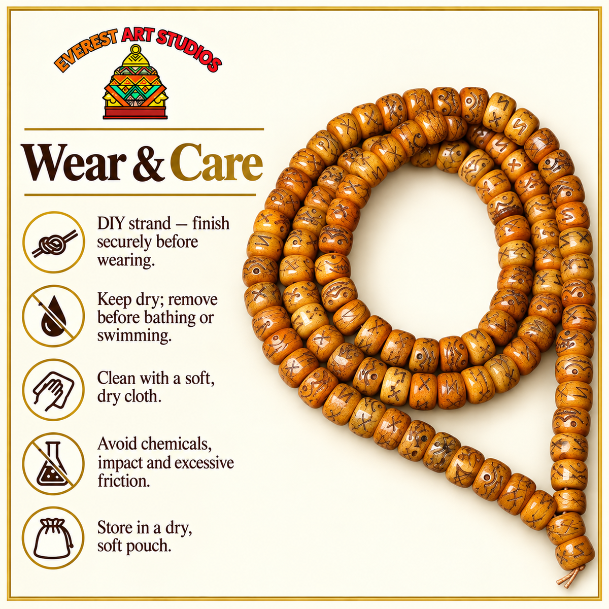 EverestArtstudios Natural Carved Camel Bone 108-Bead DIY Strand with Arhat Accent — care