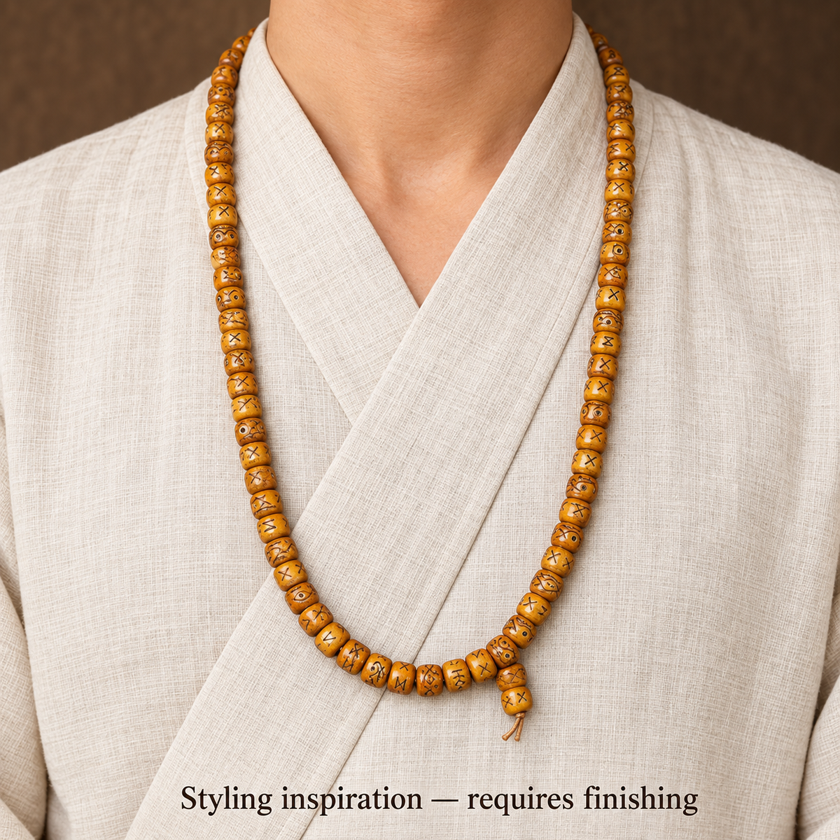 EverestArtstudios Natural Carved Camel Bone 108-Bead DIY Strand with Arhat Accent — linen front