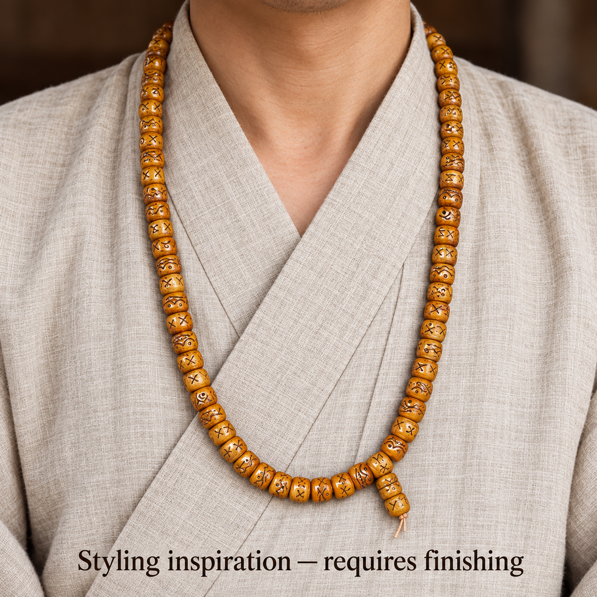 EverestArtstudios Natural Carved Camel Bone 108-Bead DIY Strand with Arhat Accent — linen seated