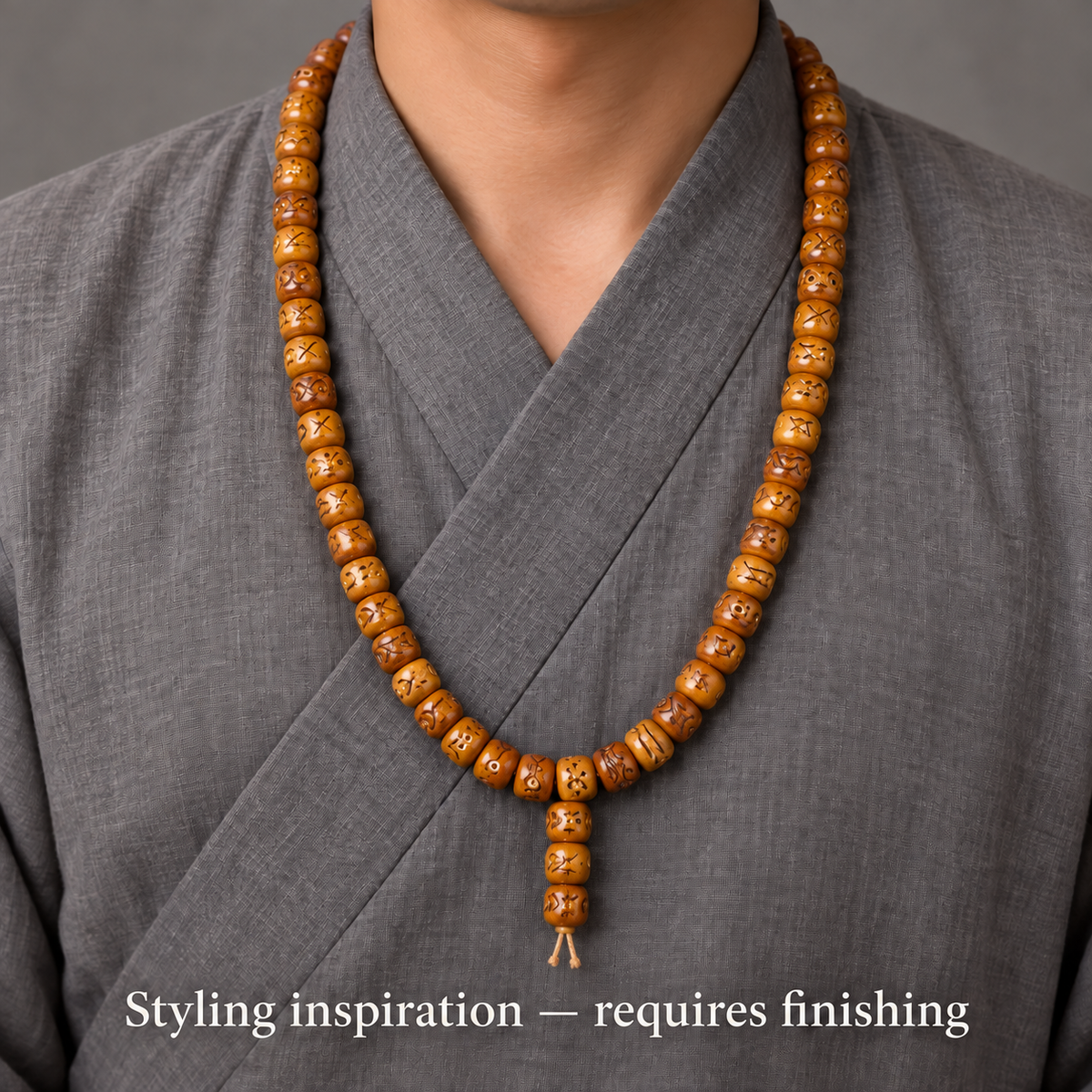 EverestArtstudios Natural Carved Camel Bone 108-Bead DIY Strand with Arhat Accent — linen side
