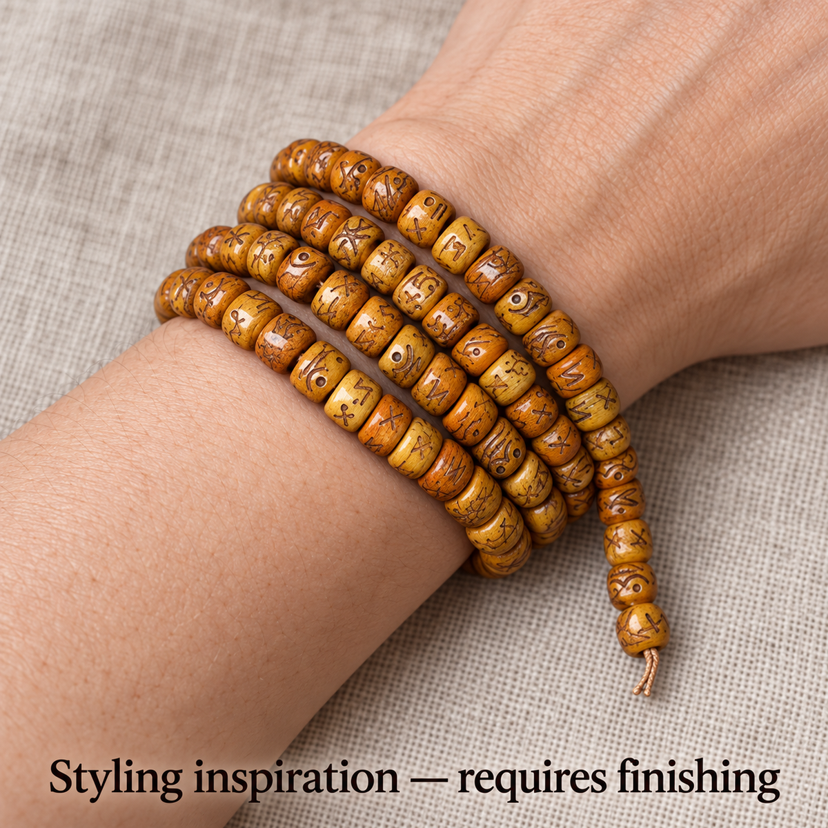 EverestArtstudios Natural Carved Camel Bone 108-Bead DIY Strand with Arhat Accent — wrist resting
