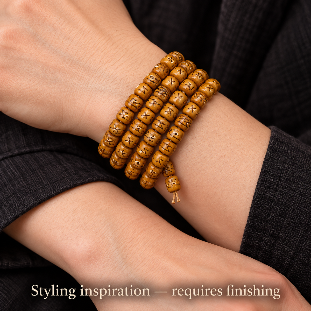 EverestArtstudios Natural Carved Camel Bone 108-Bead DIY Strand with Arhat Accent — wrist crossed