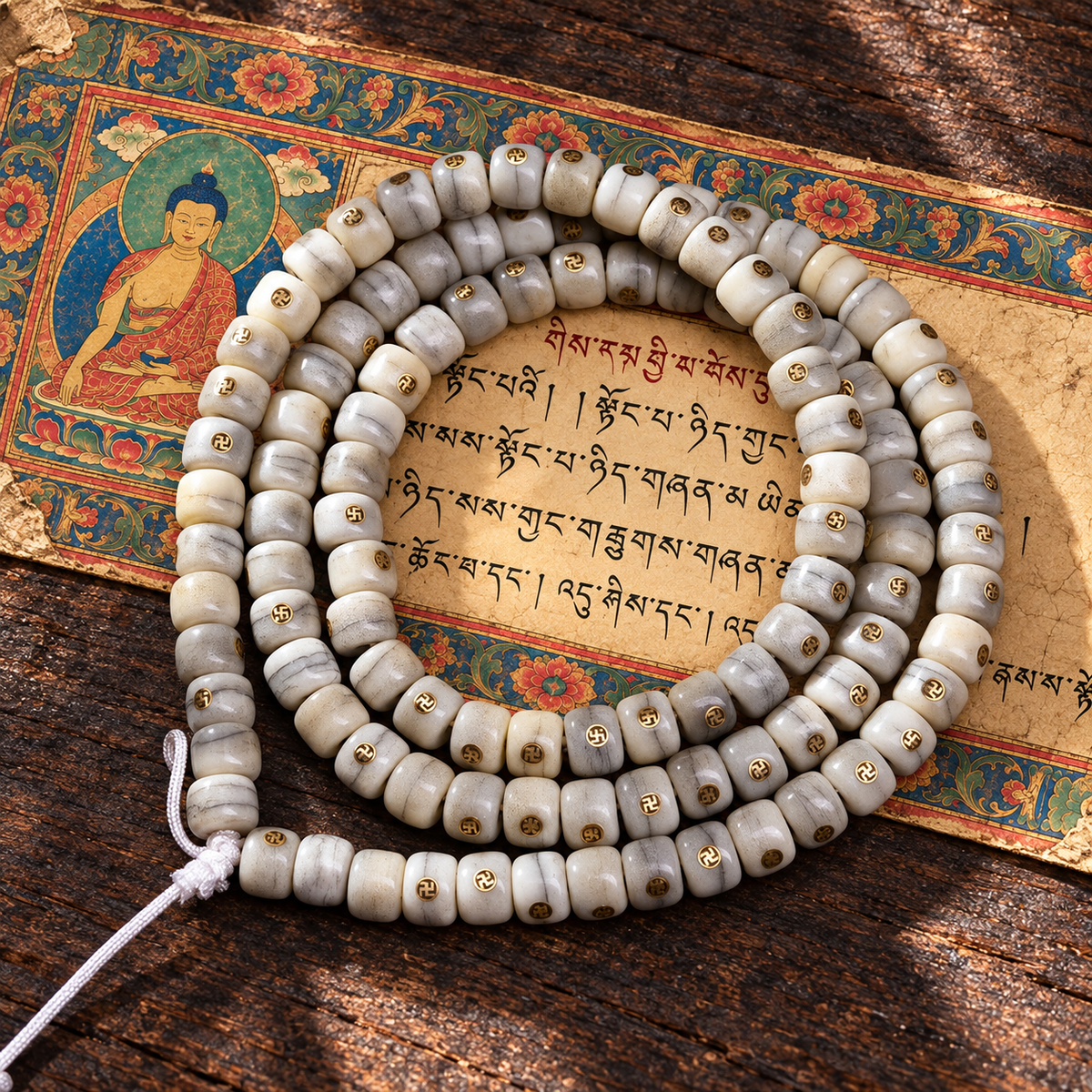 EverestArtstudios Aged Camel Bone Antique Copper Auspicious Wan 108-Bead DIY Strand — full product