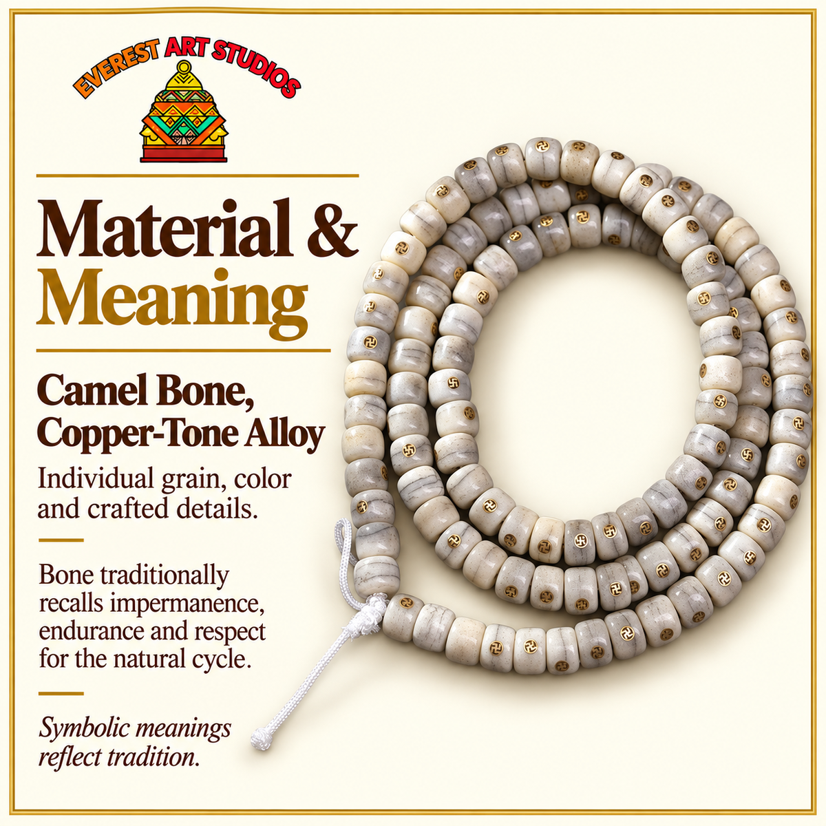 EverestArtstudios Aged Camel Bone Antique Copper Auspicious Wan 108-Bead DIY Strand — materials meaning