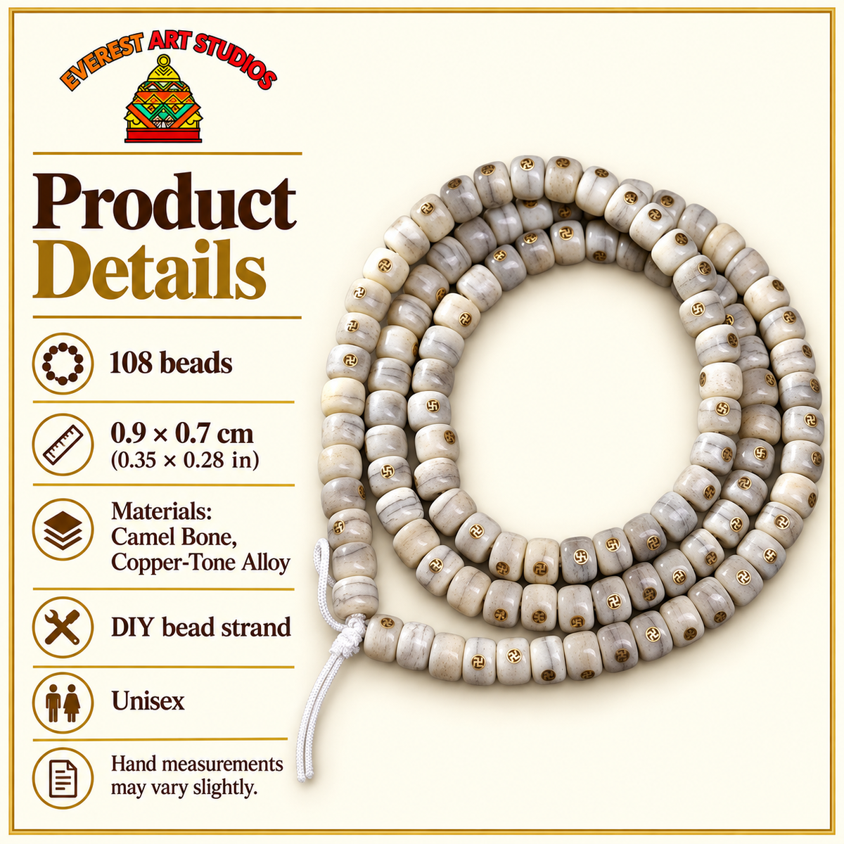 EverestArtstudios Aged Camel Bone Antique Copper Auspicious Wan 108-Bead DIY Strand — specifications