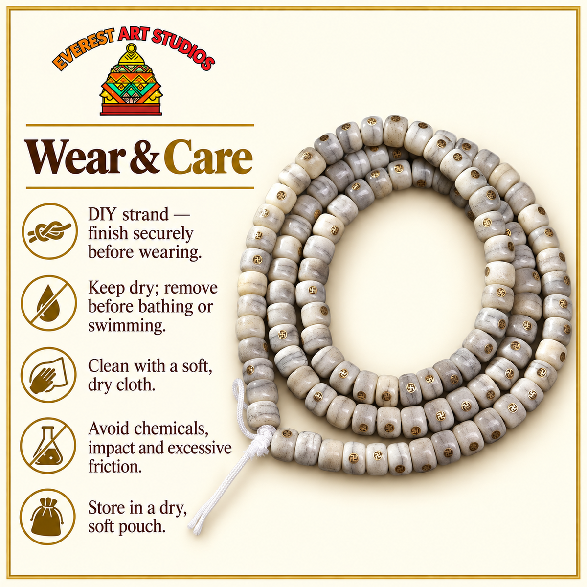 EverestArtstudios Aged Camel Bone Antique Copper Auspicious Wan 108-Bead DIY Strand — care