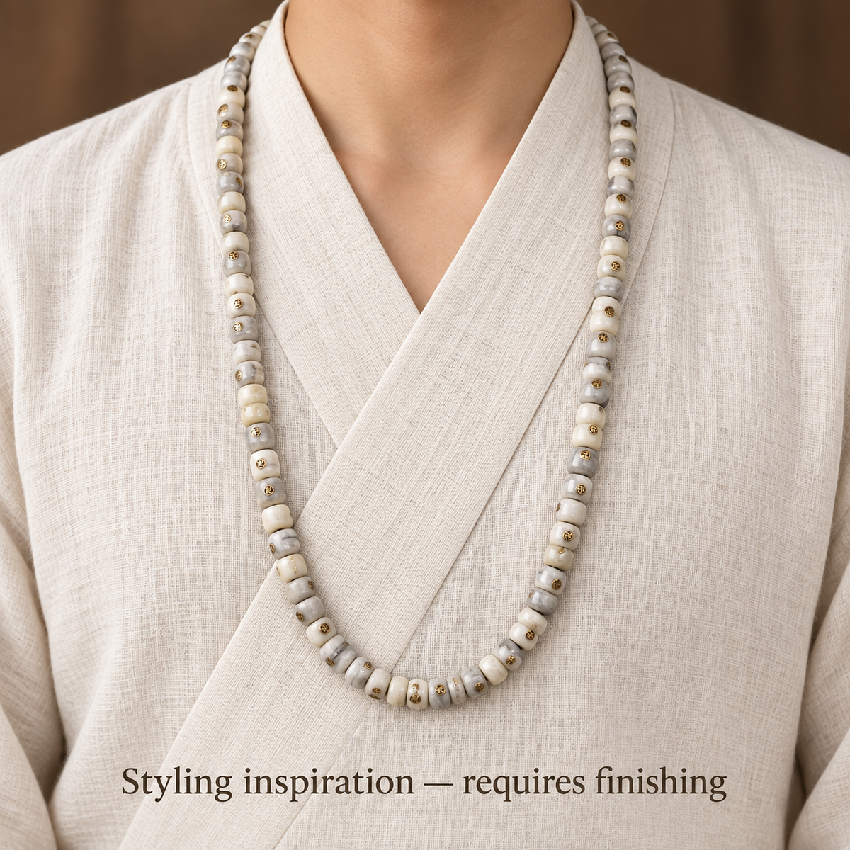 EverestArtstudios Aged Camel Bone Antique Copper Auspicious Wan 108-Bead DIY Strand — linen front