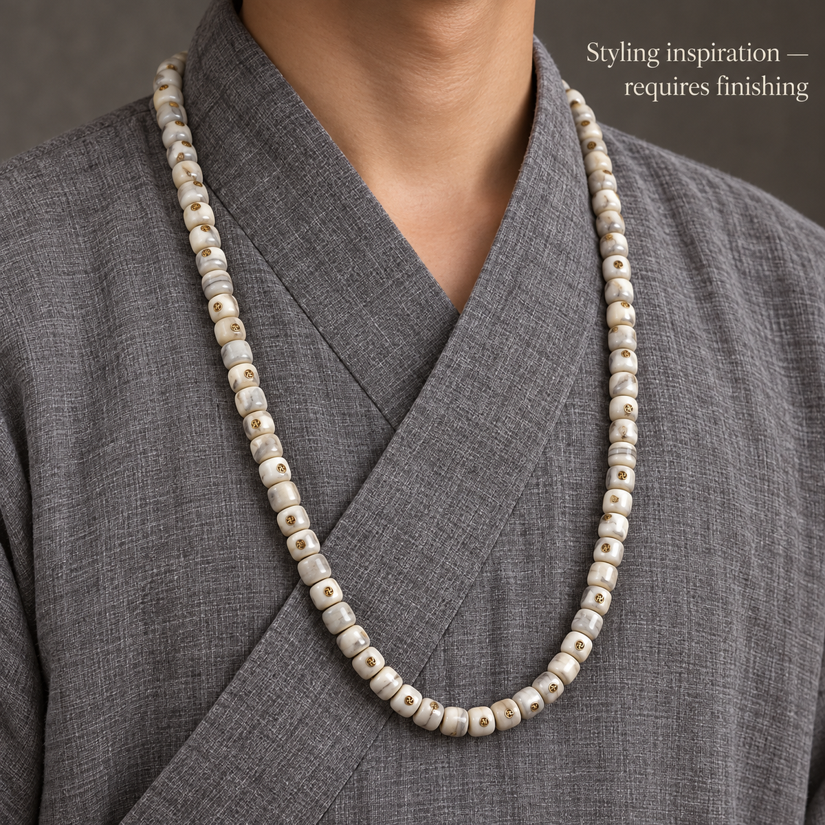 EverestArtstudios Aged Camel Bone Antique Copper Auspicious Wan 108-Bead DIY Strand — linen side