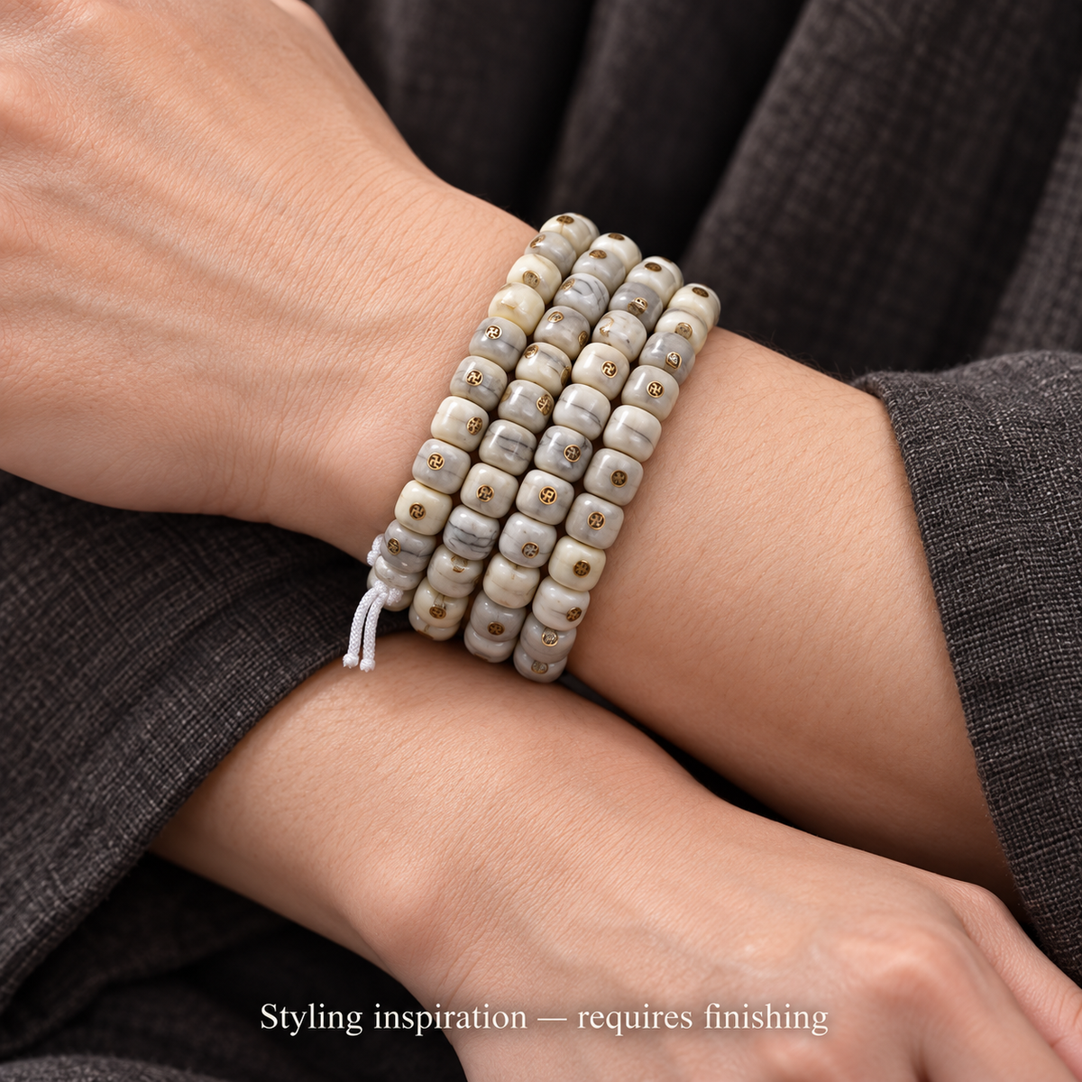 EverestArtstudios Aged Camel Bone Antique Copper Auspicious Wan 108-Bead DIY Strand — wrist crossed