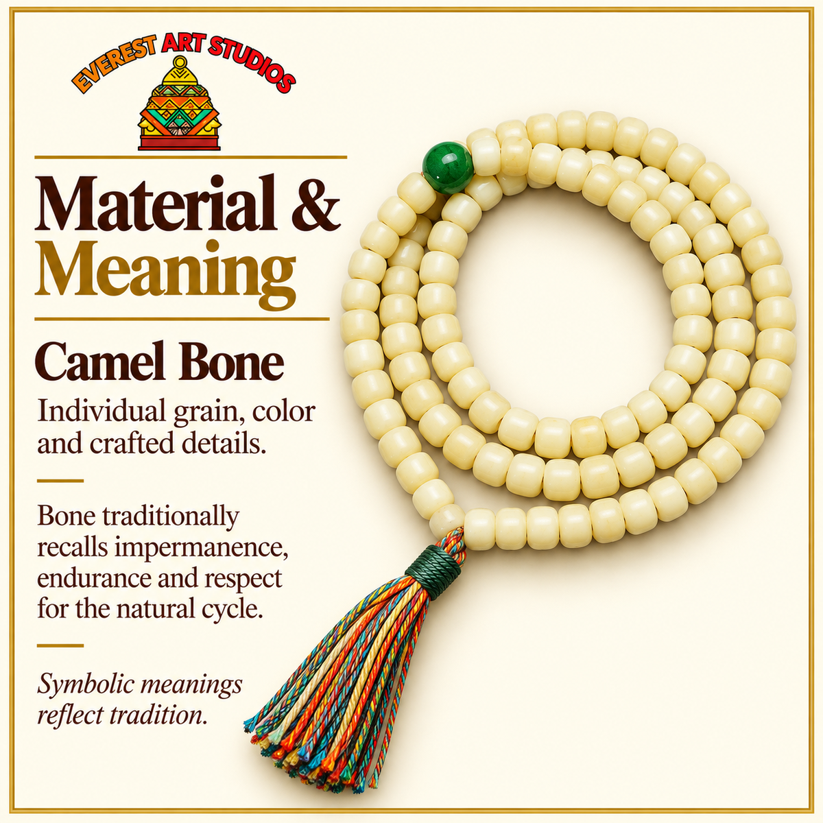 EverestArtstudios Goldgelbe Kamelknochen-Gebetskette mit 108 Perlen – Material und traditionelle Symbolik