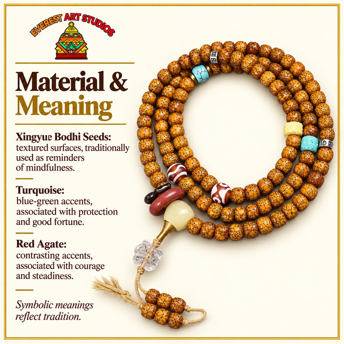 EverestArtstudios Hainan-Xingyue-Bodhi-Achat-Türkis-Mala, 108 Perlen – Material und traditionelle Symbolik