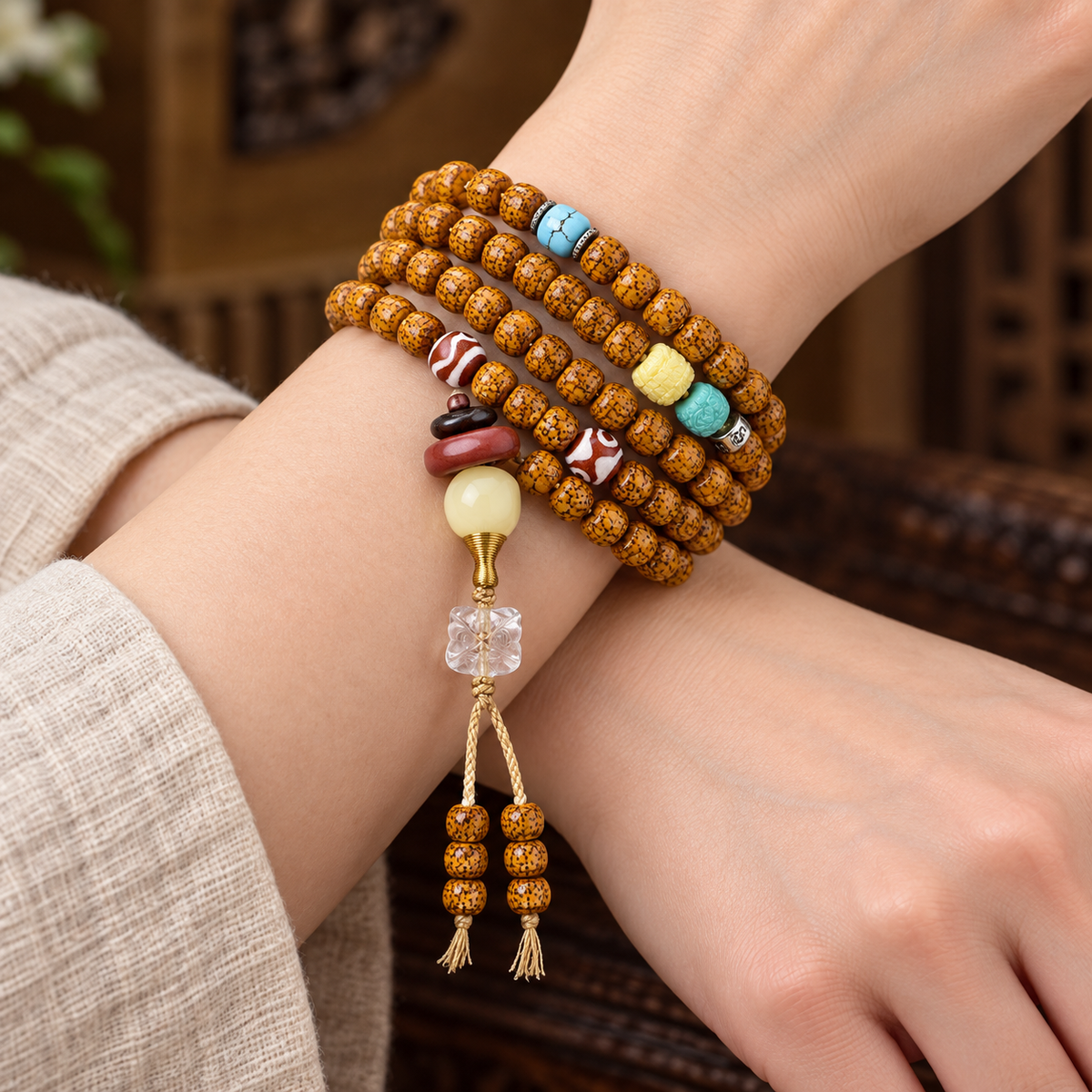 EverestArtstudios Natural Hainan Xingyue Bodhi Red Agate Turquoise 108-Bead Mala