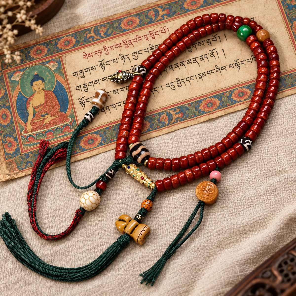 EverestArtstudios Tibetan Yak Bone Barrel-Bead 108-Bead Mala with Copper Clip — full product