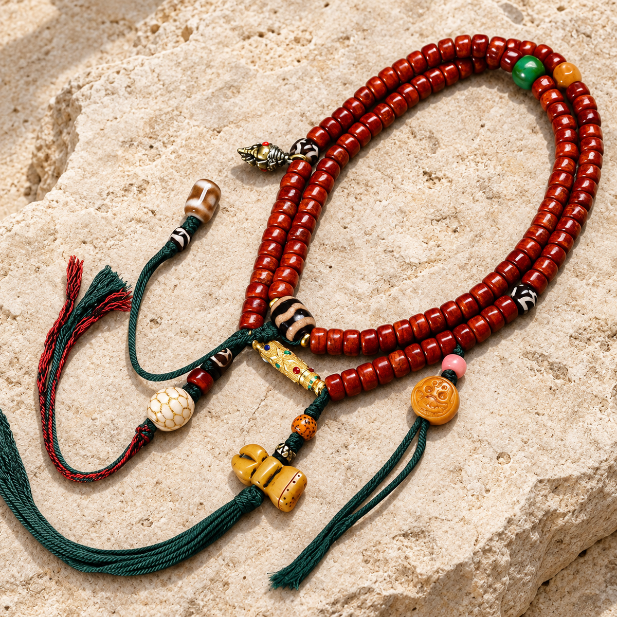 EverestArtstudios Tibetan Yak Bone Barrel-Bead 108-Bead Mala with Copper Clip — overall display