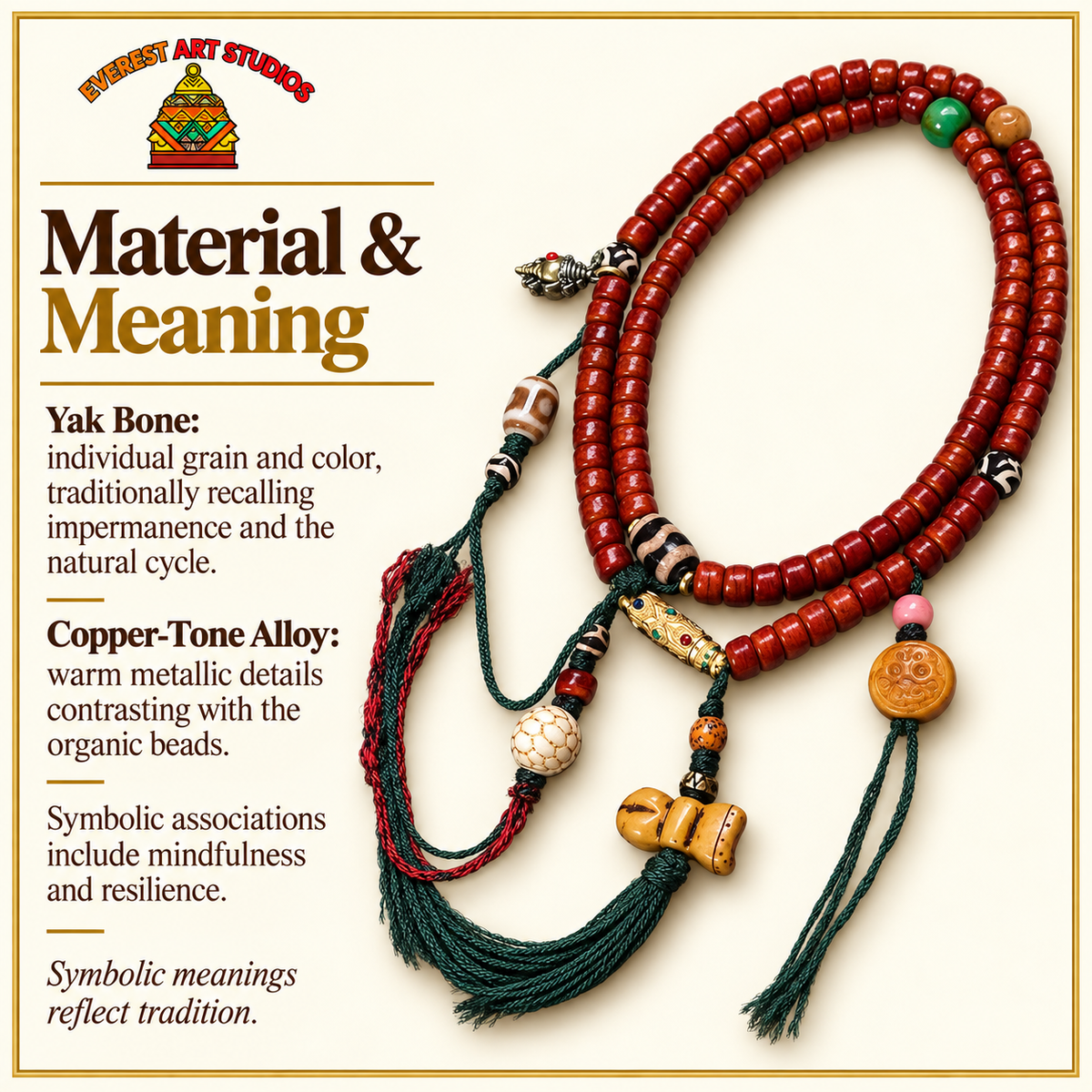 Mala yak con pinza de cobre, 108 barril – Material y simbolismo tradicional