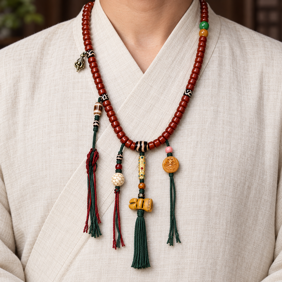 EverestArtstudios Tibetan Yak Bone Barrel-Bead 108-Bead Mala with Copper Clip