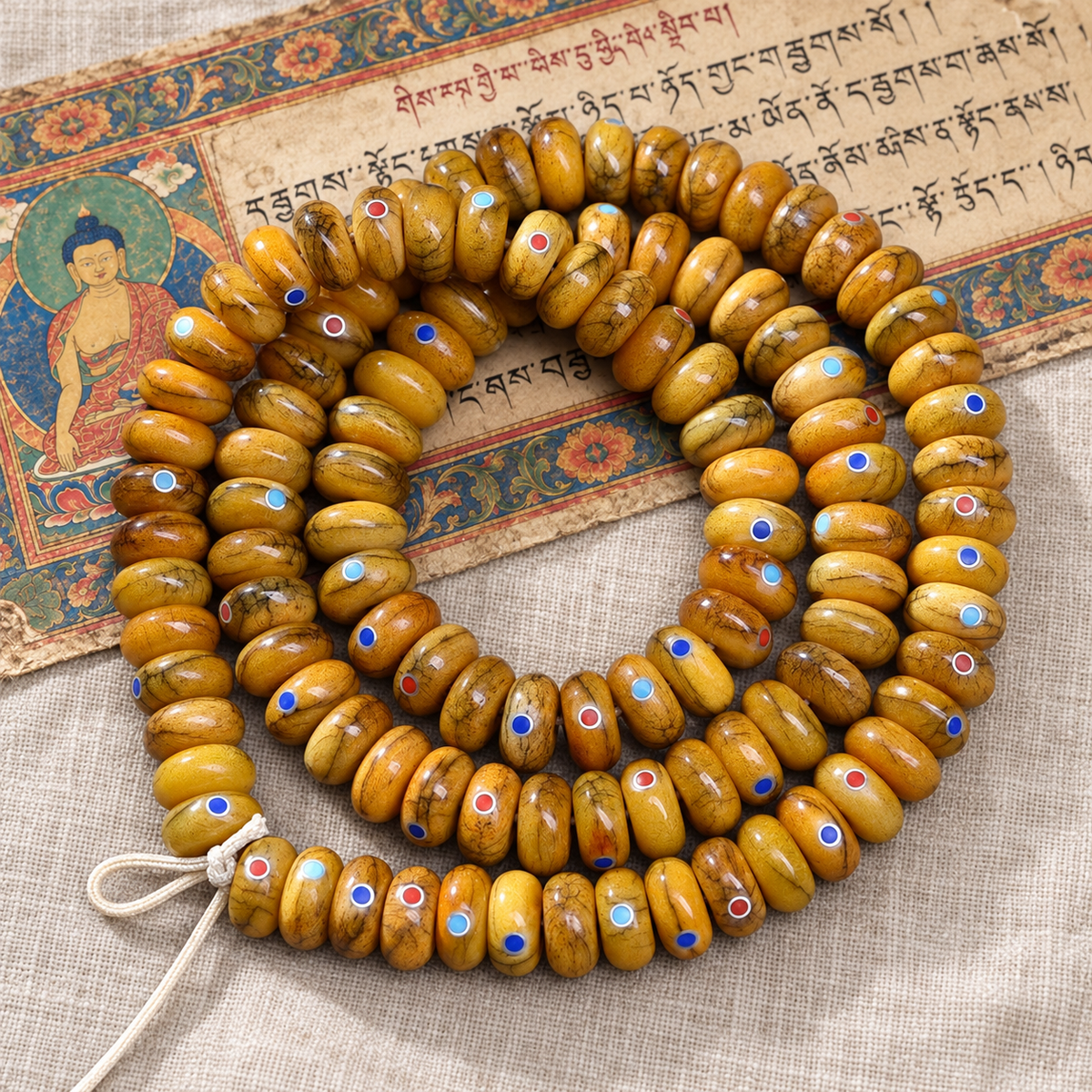 EverestArtstudios Aged Camel Bone Inlaid Abacus-Bead 108-Bead DIY Strand — full product