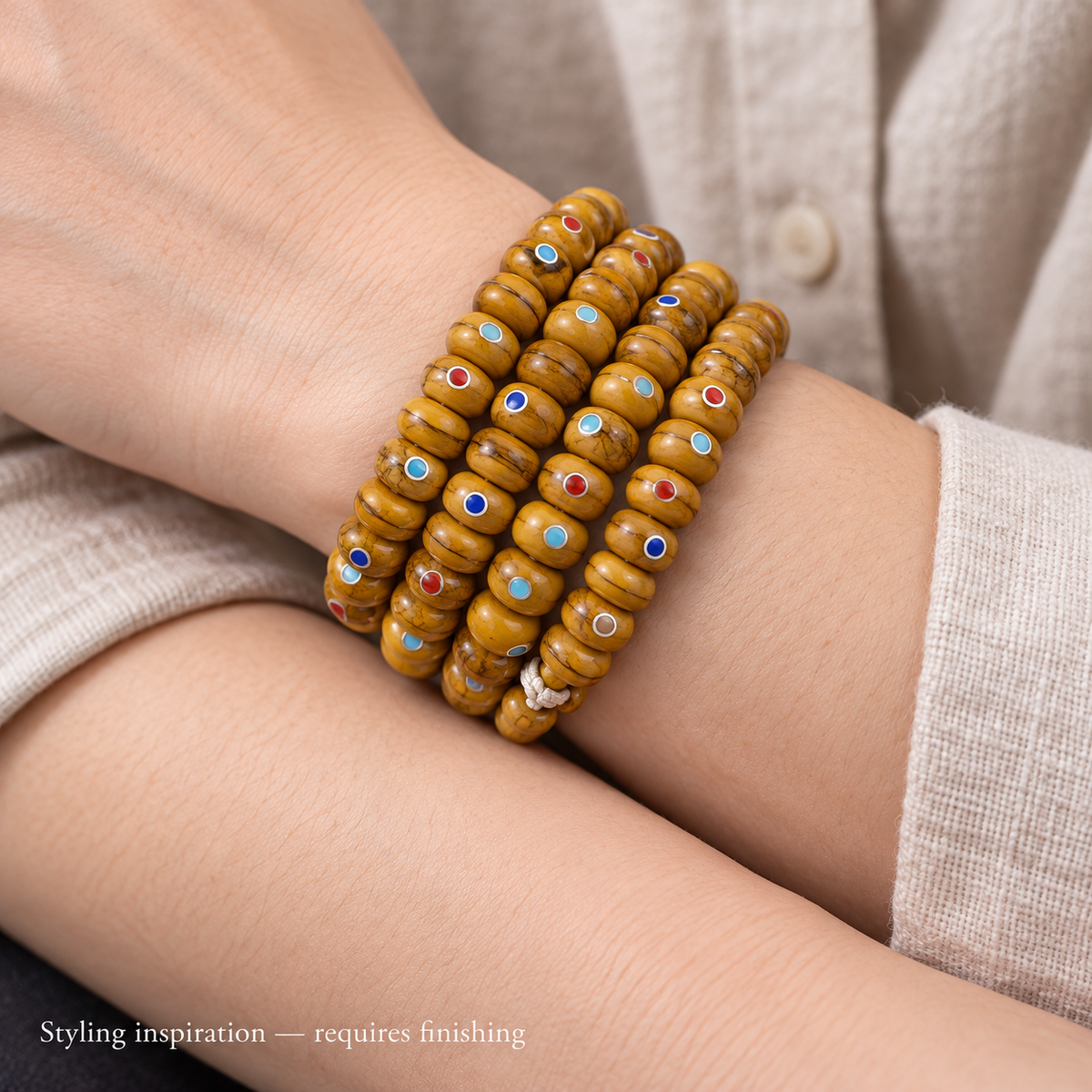 EverestArtstudios Aged Camel Bone Inlaid Abacus-Bead 108-Bead DIY Strand