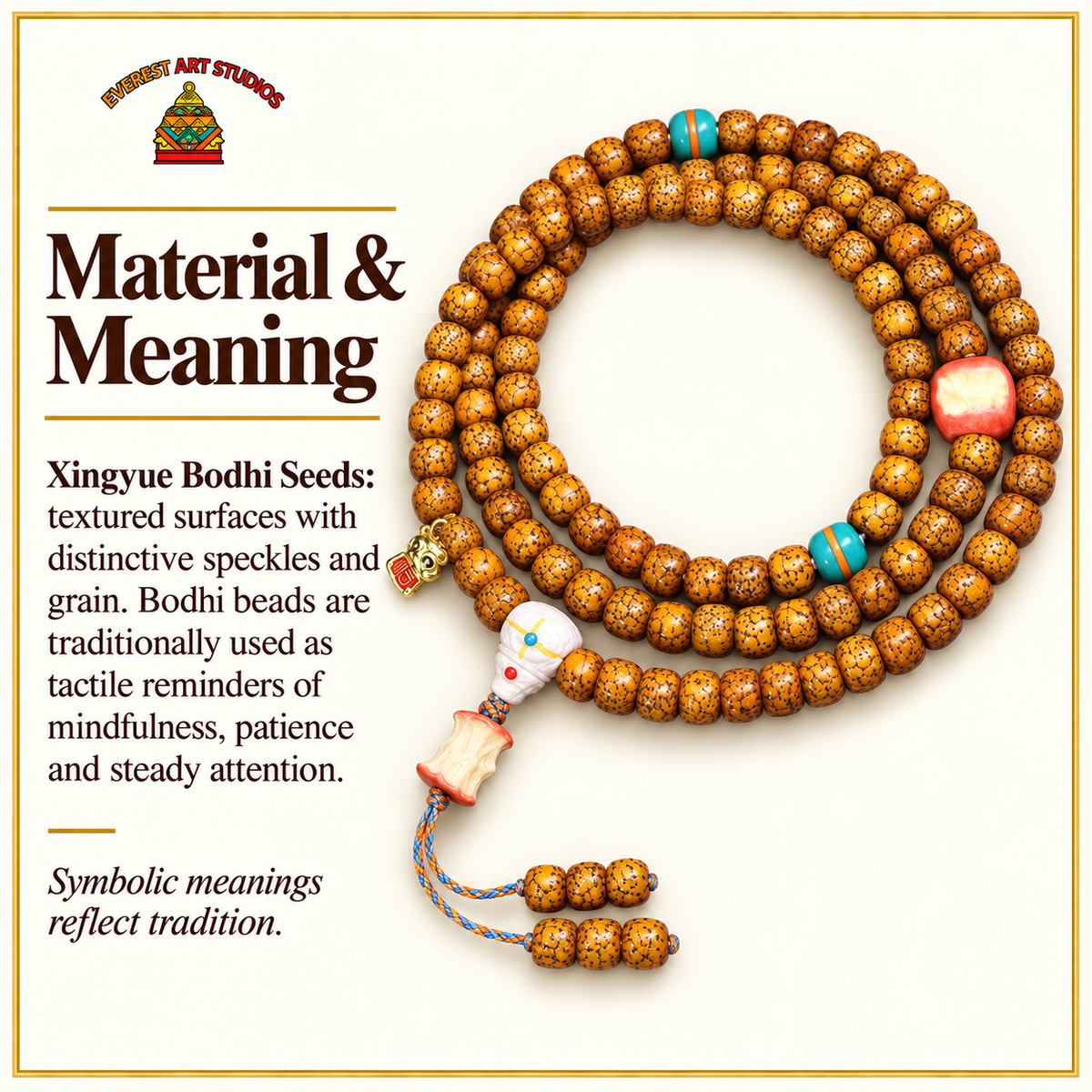 EverestArtstudios Gealterte Hainan-Xingyue-Bodhi-Mala, 108 Perlen – Material und traditionelle Symbolik