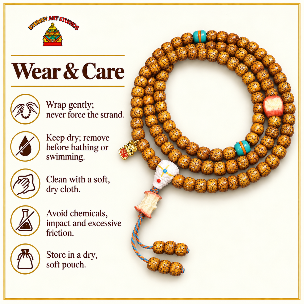 EverestArtstudios Gealterte Hainan-Xingyue-Bodhi-Mala, 108 Perlen – Pflegehinweise