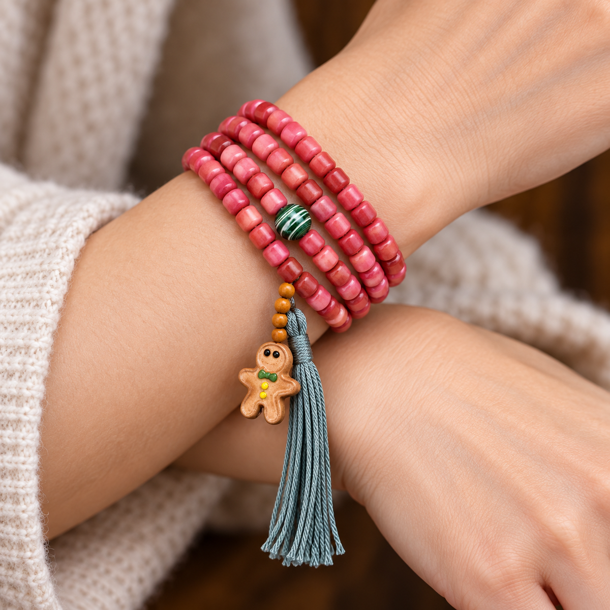 EverestArtstudios Natural Full-Blood Camel Bone 108-Bead Mala with Gingerbread Charm