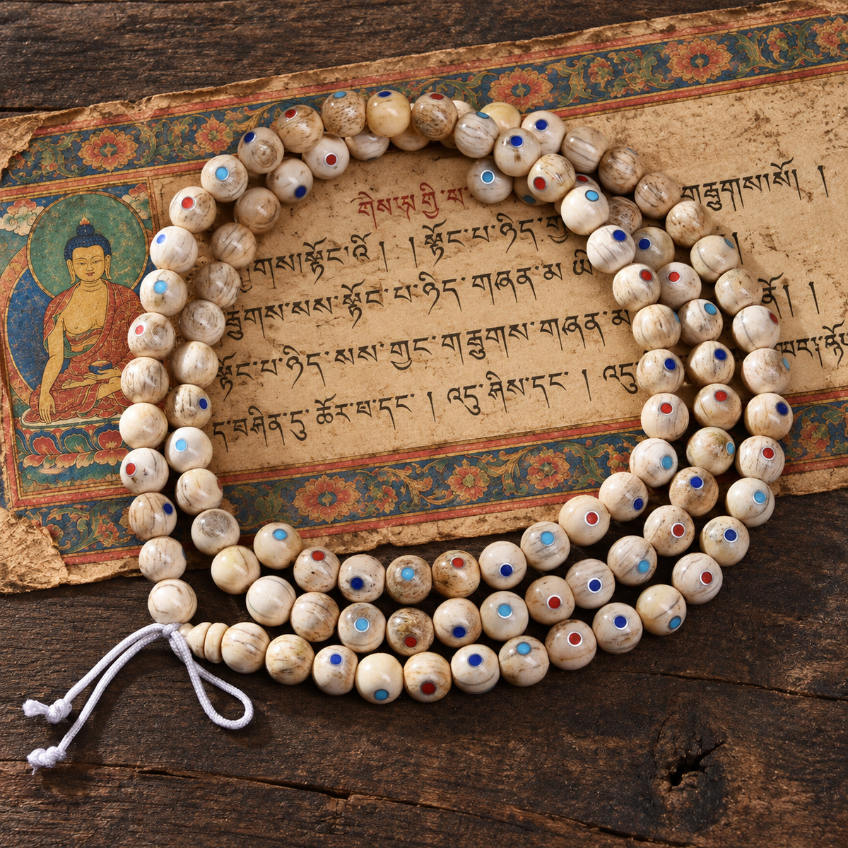EverestArtstudios Inlaid Bone Round-Bead 108-Bead DIY Mala Strand — full product