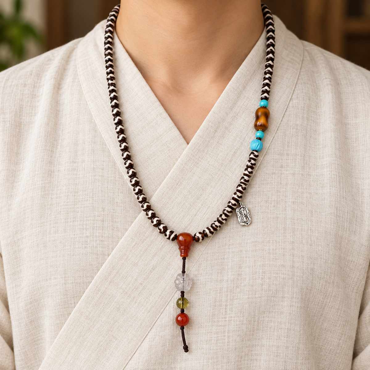 EverestArtstudios Natural Agate Tiger-Tooth Dzi 108-Bead Mala with Red Agate and Clear Quartz
