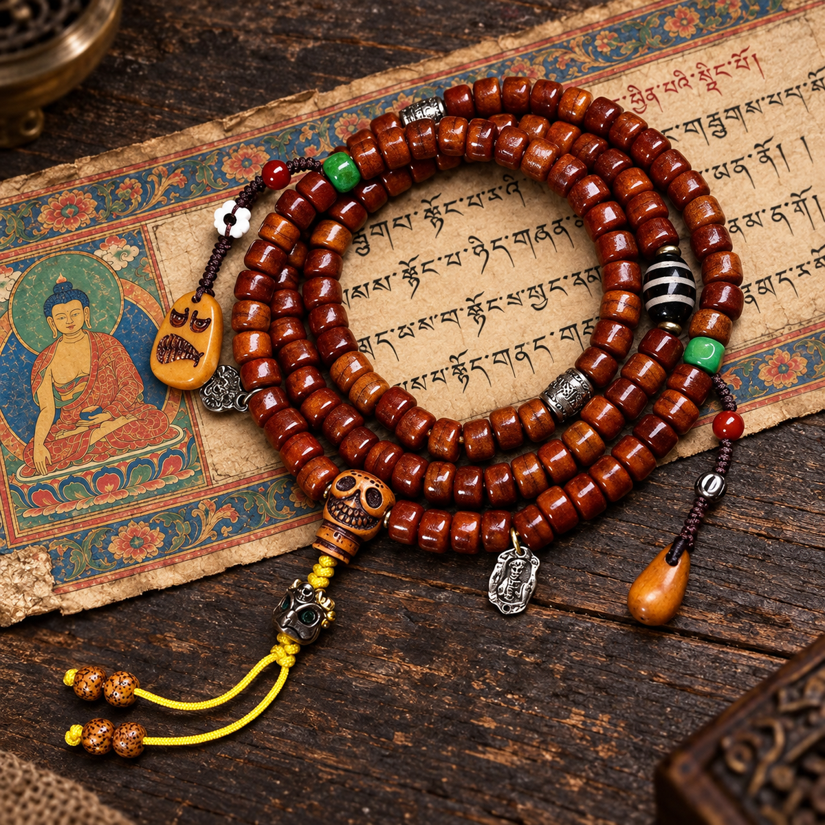 Mala yak vintage con ágata y vidrio, 108