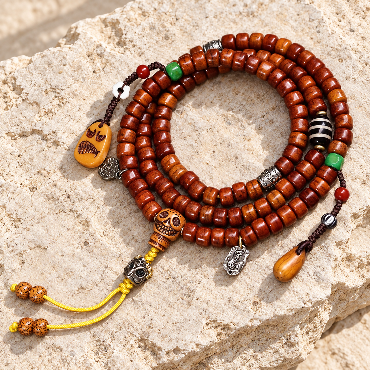 EverestArtstudios Tibetan Vintage Yak Bone 108-Bead Mala with Agate and Glass Accents — overall display