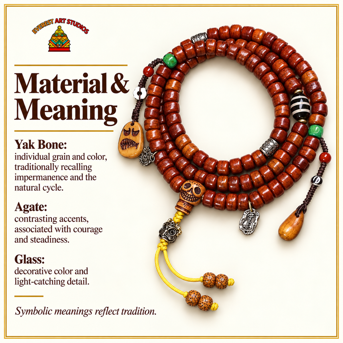 Mala yak vintage con ágata y vidrio, 108 – Material y simbolismo tradicional