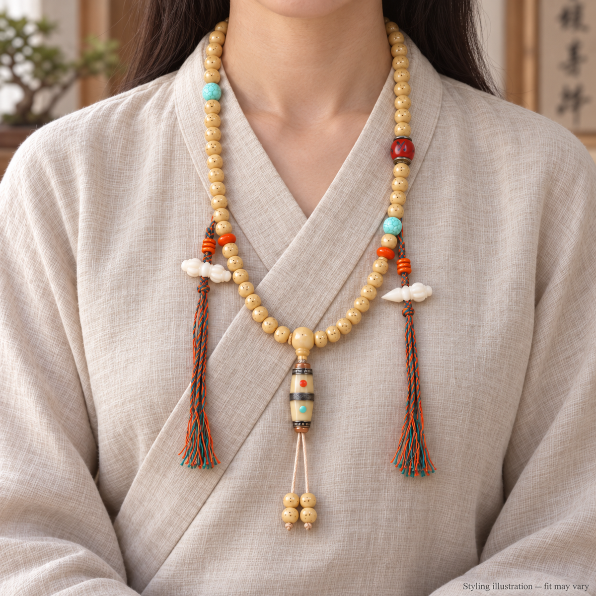 Camel bone Tibetan mala — linen front — styling illustration, fit may vary