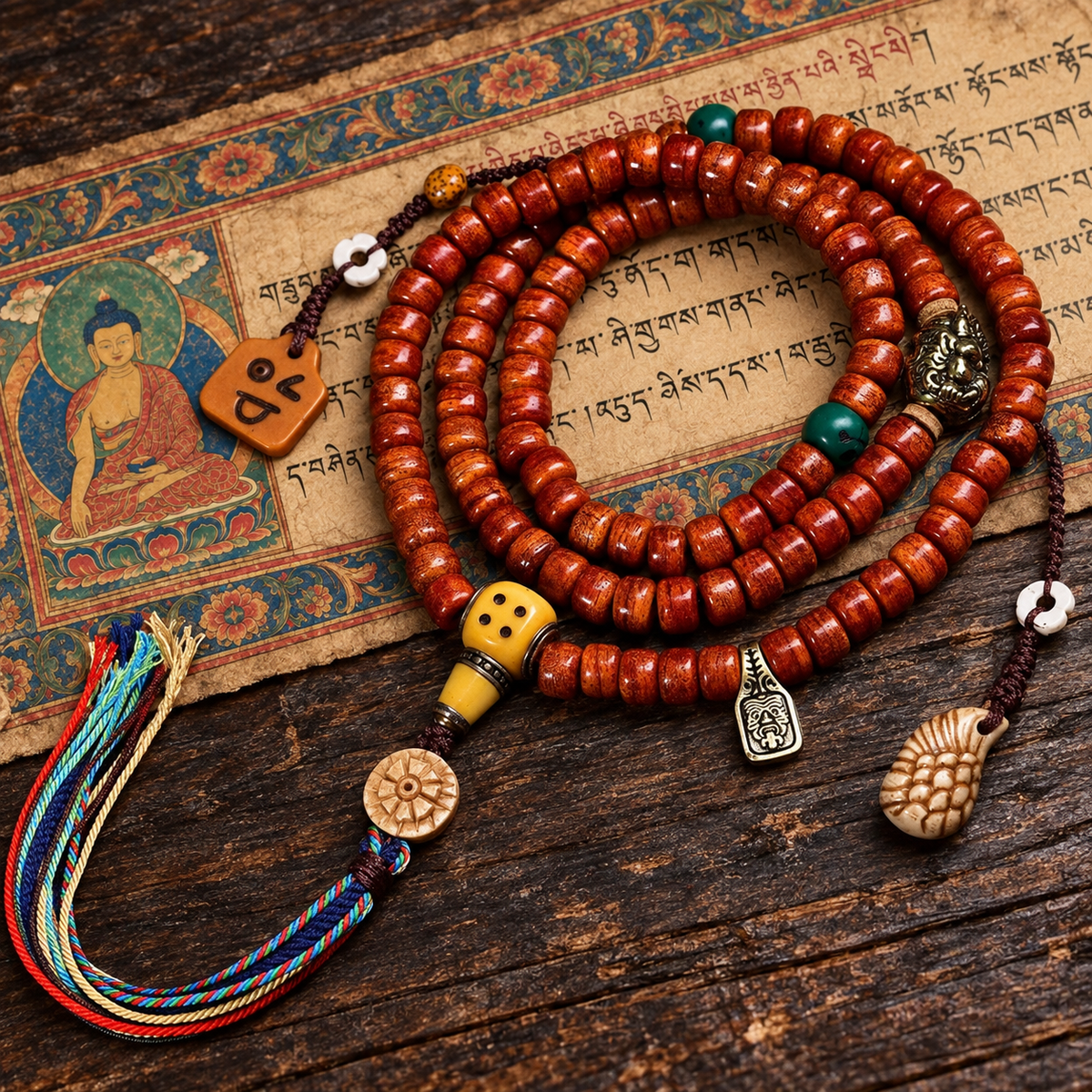 EverestArtstudios Tibetan Vintage Camel Bone 108-Bead Mala with Zaki Lhamo Clip — full product