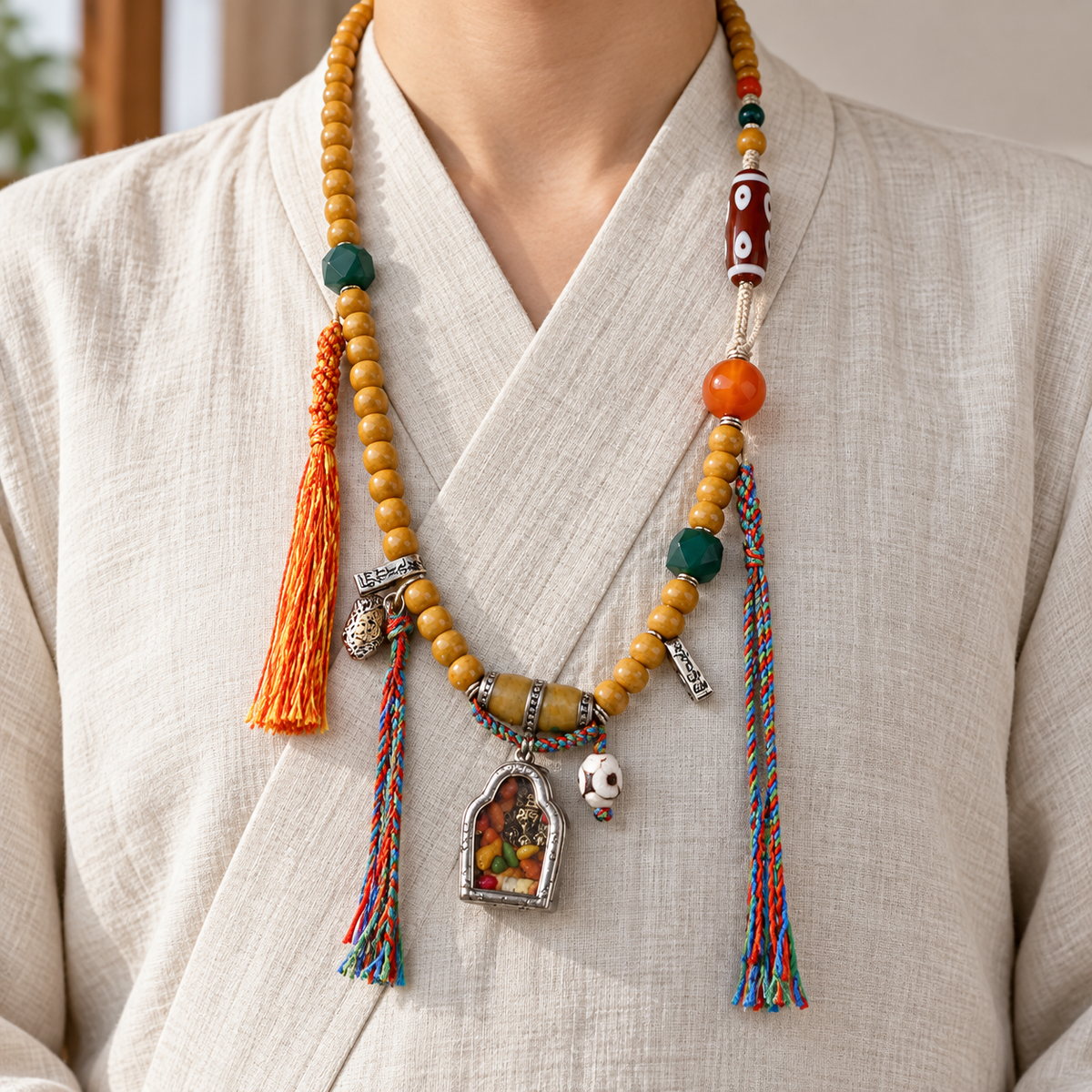 EverestArtstudios Natural Camel Bone 108-Bead Mala with Zaki Lhamo Gau Pendant