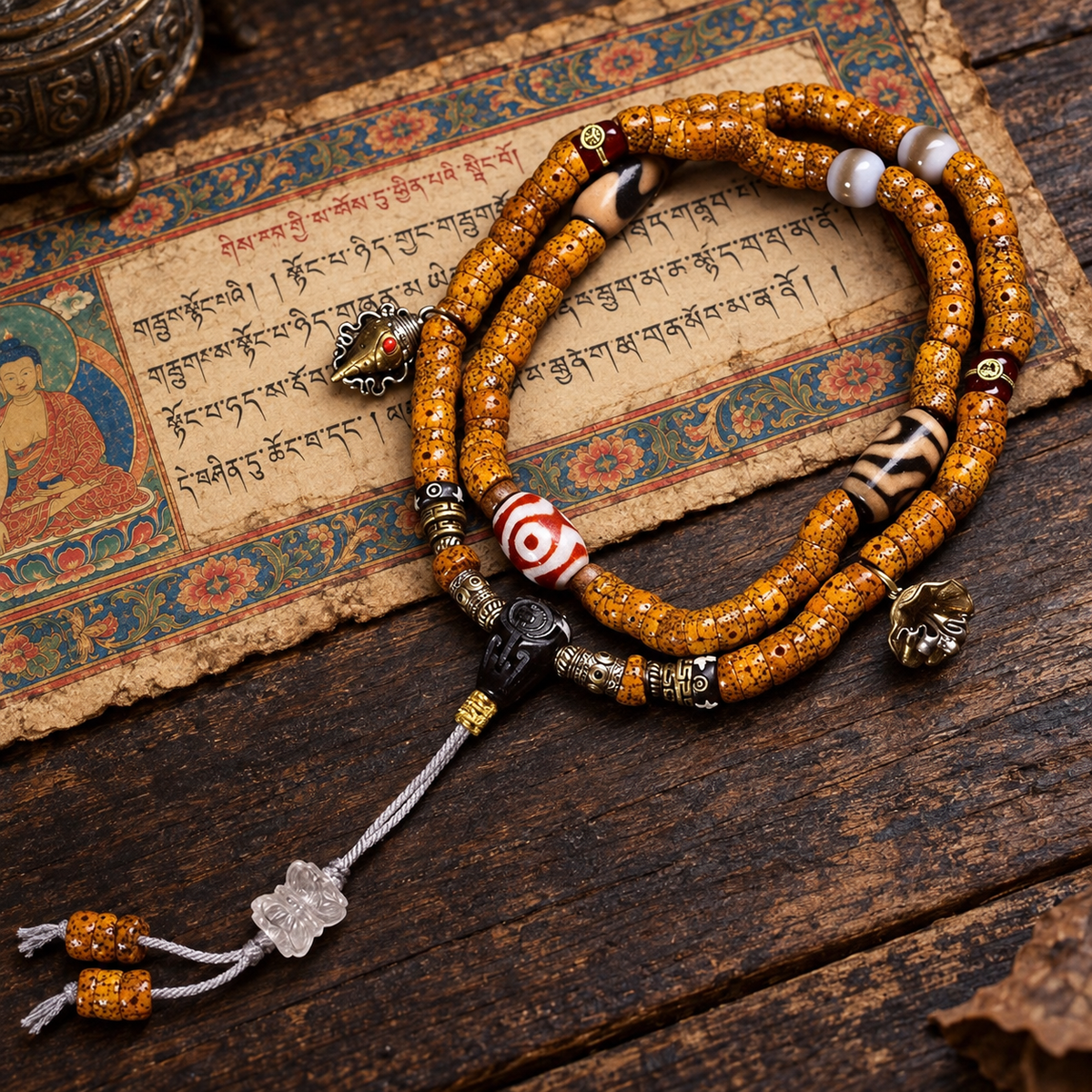 EverestArtstudios Natural Xingyue Bodhi Disc-Bead 108-Bead Mala with Agate and Dzi Accents — full product