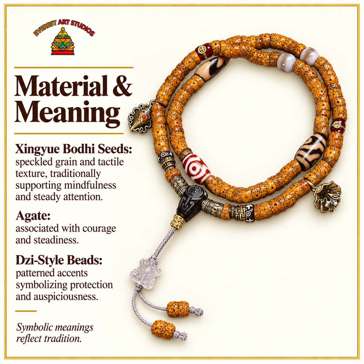 Mala Bodhi disco con ágata y Dzi, 108 – Material y simbolismo tradicional