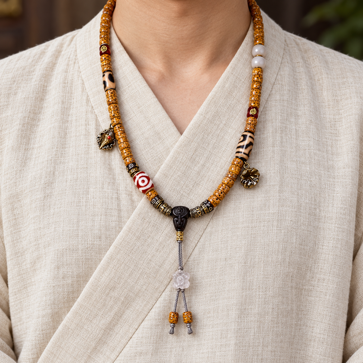 Mala Bodhi disco con ágata y Dzi, 108