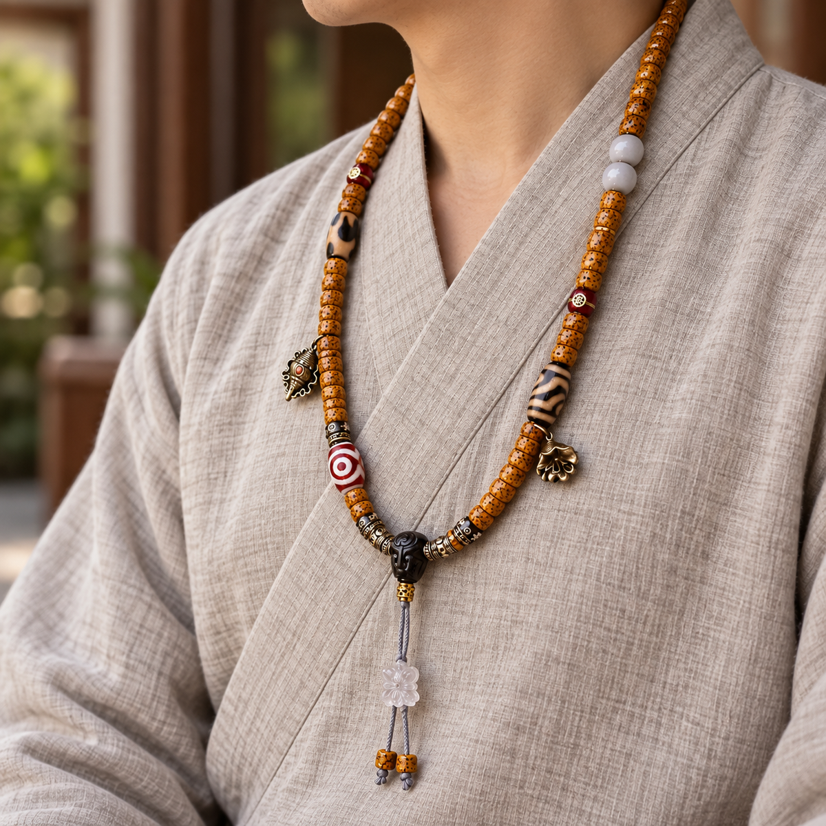 Mala Bodhi disco con ágata y Dzi, 108