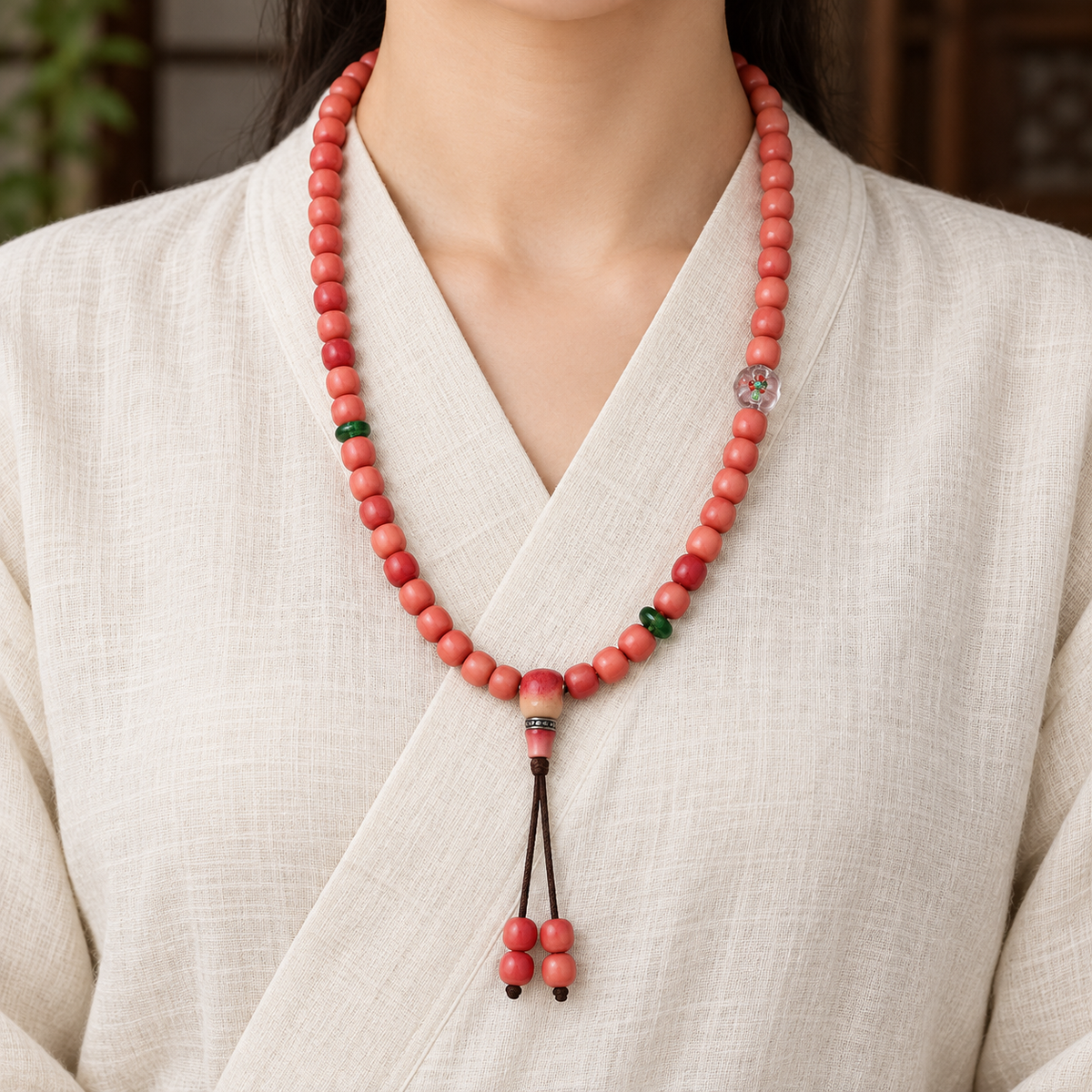 EverestArtstudios Natural Full-Blood Camel Bone 108-Bead Mala with Glass and Bone Guru Bead