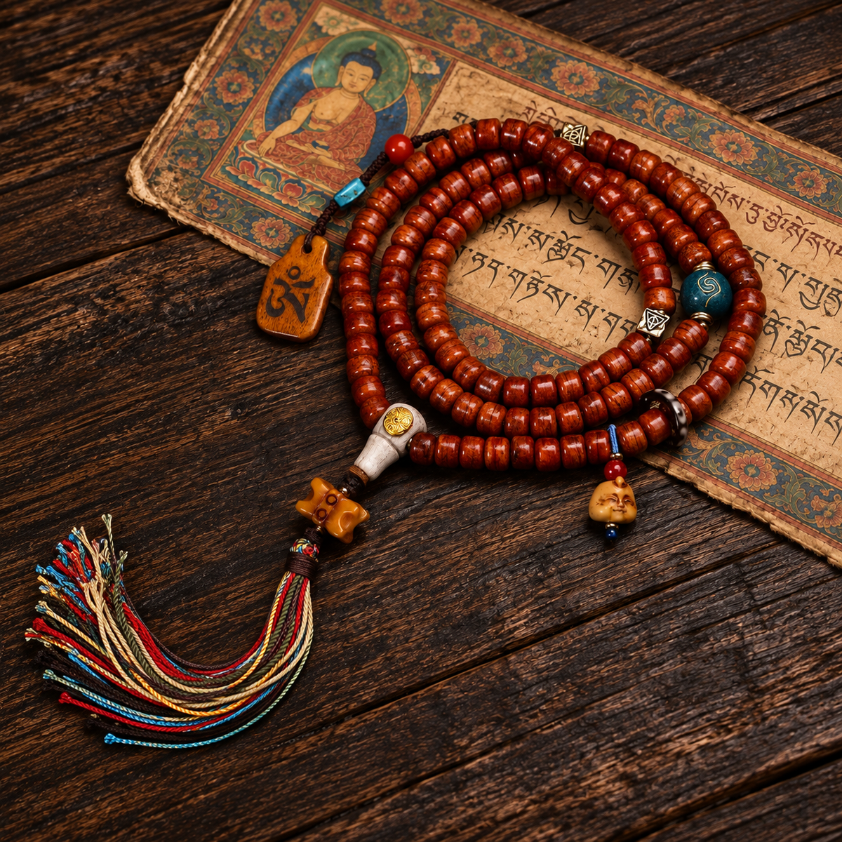 EverestArtstudios Tibetan Vintage Bone Barrel-Bead 108-Bead Mala Necklace — full product