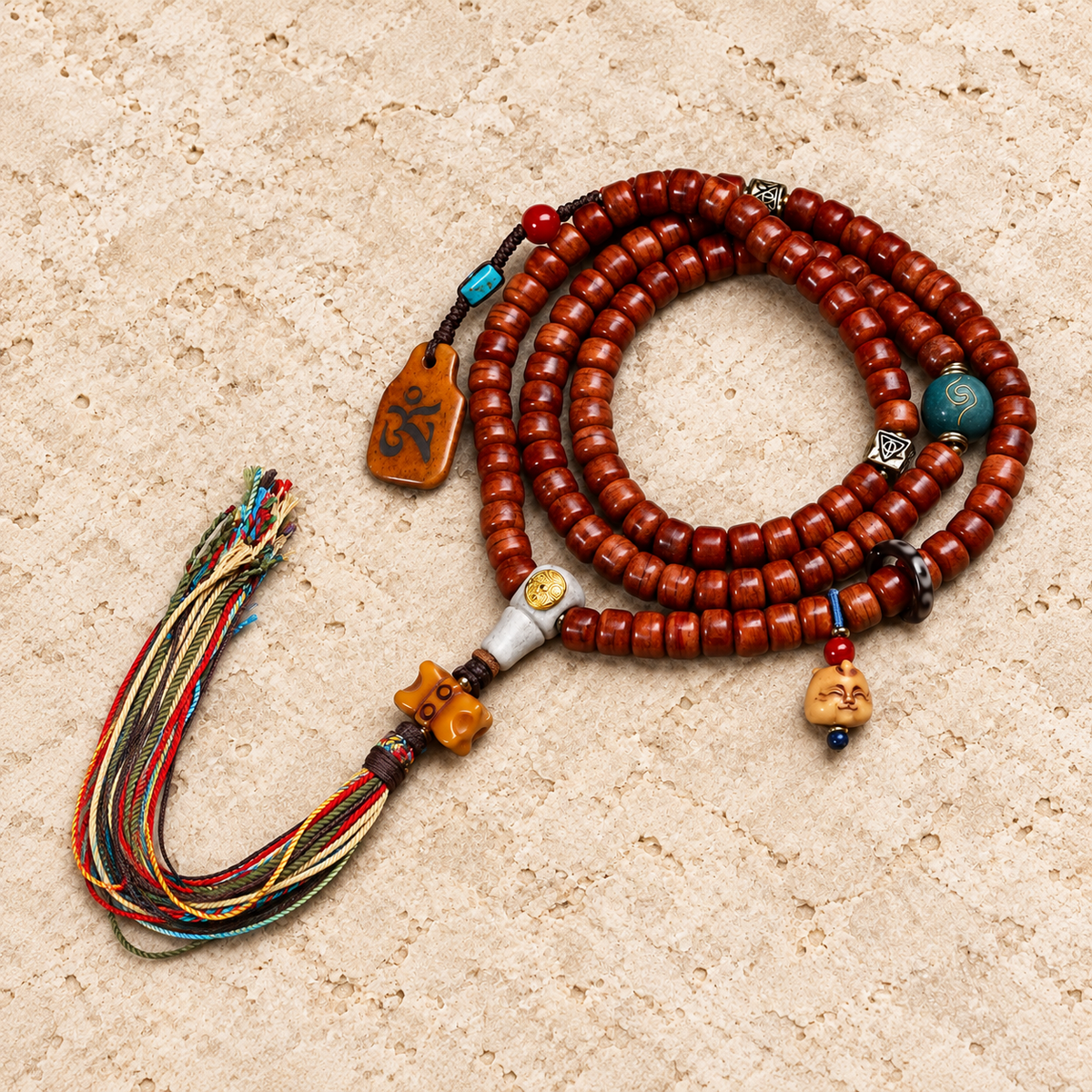 EverestArtstudios Tibetan Vintage Bone Barrel-Bead 108-Bead Mala Necklace — overall display