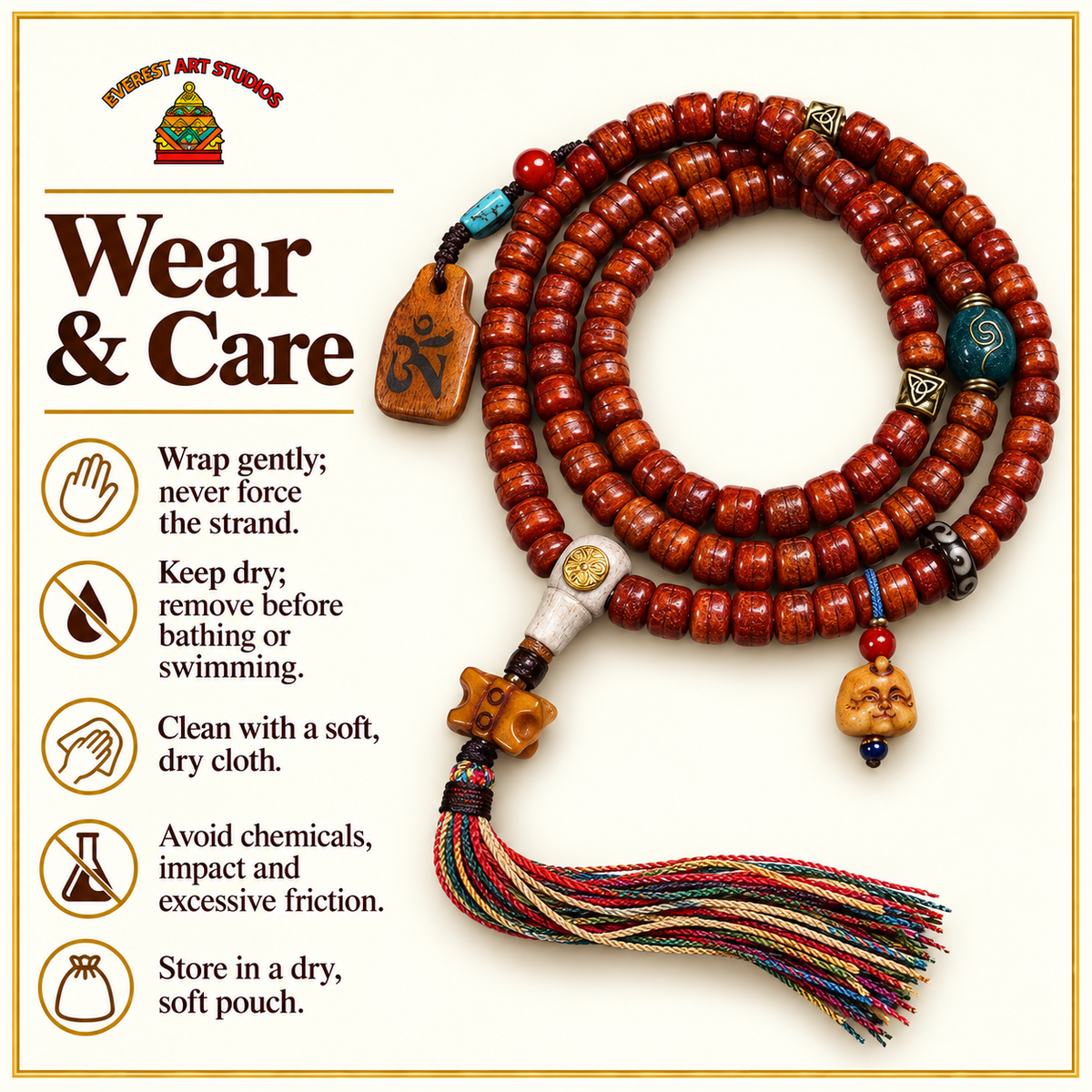 Collar Mala hueso vintage 108 cuentas barril – Consejos de cuidado