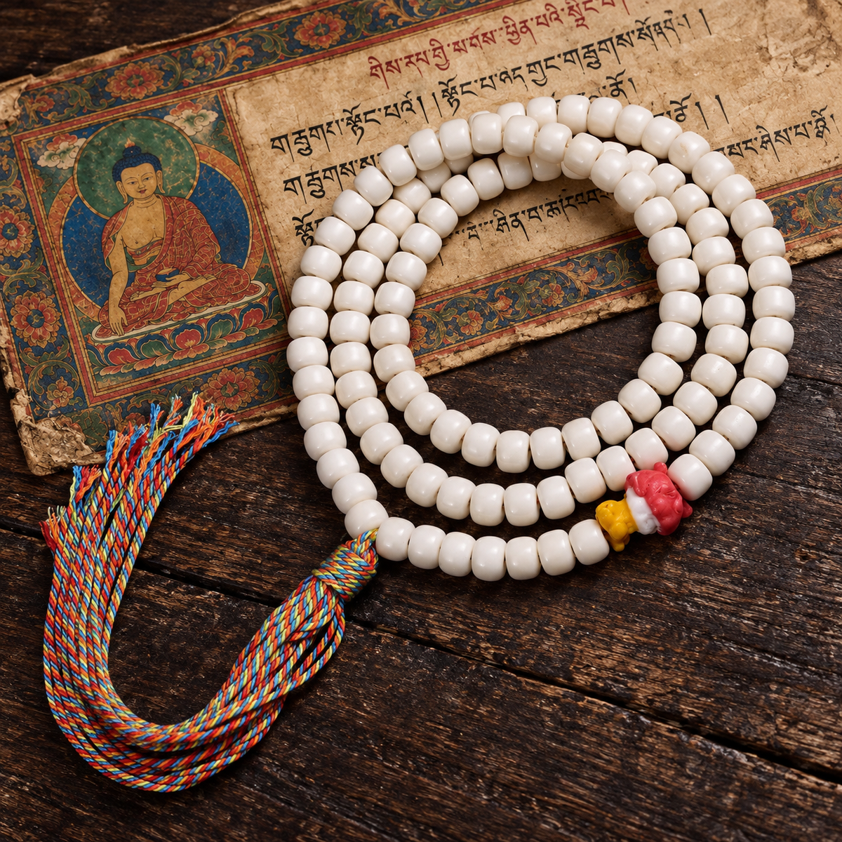 EverestArtstudios Natural Yak Bone 108-Bead Mala with Antler Accents — full product